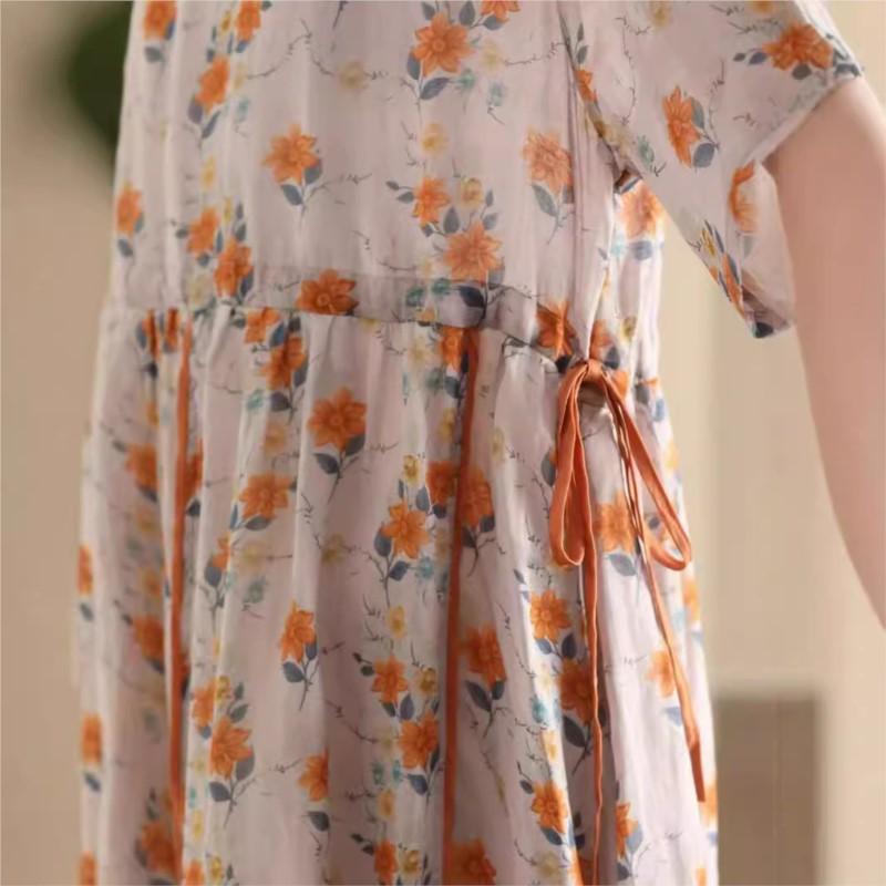 Johnature Женское винтажное платье с цветочным принтом и V-образным вырезом, коротким рукавом, высококачественное летнее повседневное мягкое платье А-силуэта