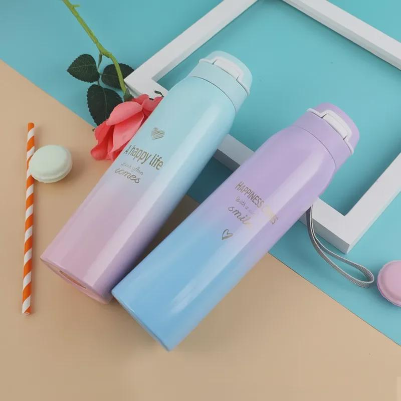 Термокружка с градиентным цветом и трубочкой Duckbill - 500 мл, корейский дизайн, нержавеющая сталь