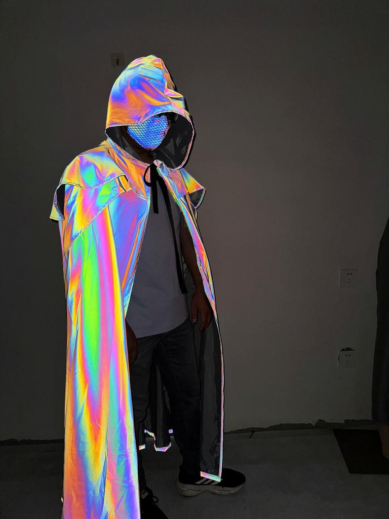 2025 Яркий Светоотражающий Плащ с Капюшоном Техwear Стиль Хип-Хоп Тренч Костюм для Косплея на Хэллоуин Отражает Свет Длинная Накидка