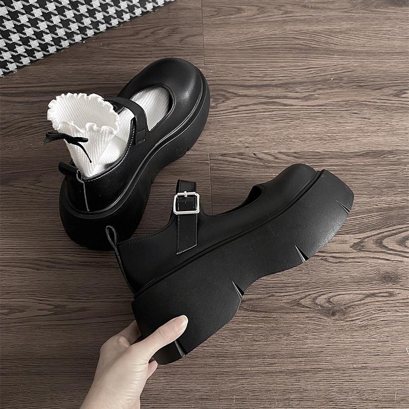 Round Head Heightened Thick Sole Mary Jane Small Leather Shoes Women's 2025 New Spring and Autumn Versatile Skirt Light Mouth Thick Heel Single Shoes