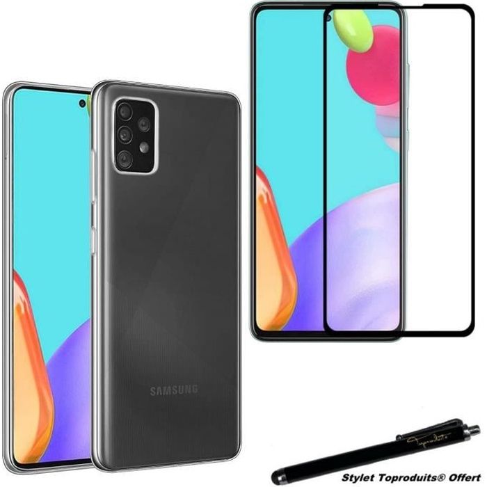 Coque de protection - Toproduits® - Galaxy A52 4G-5G - Transparente - Verre trempé - Bords noirs