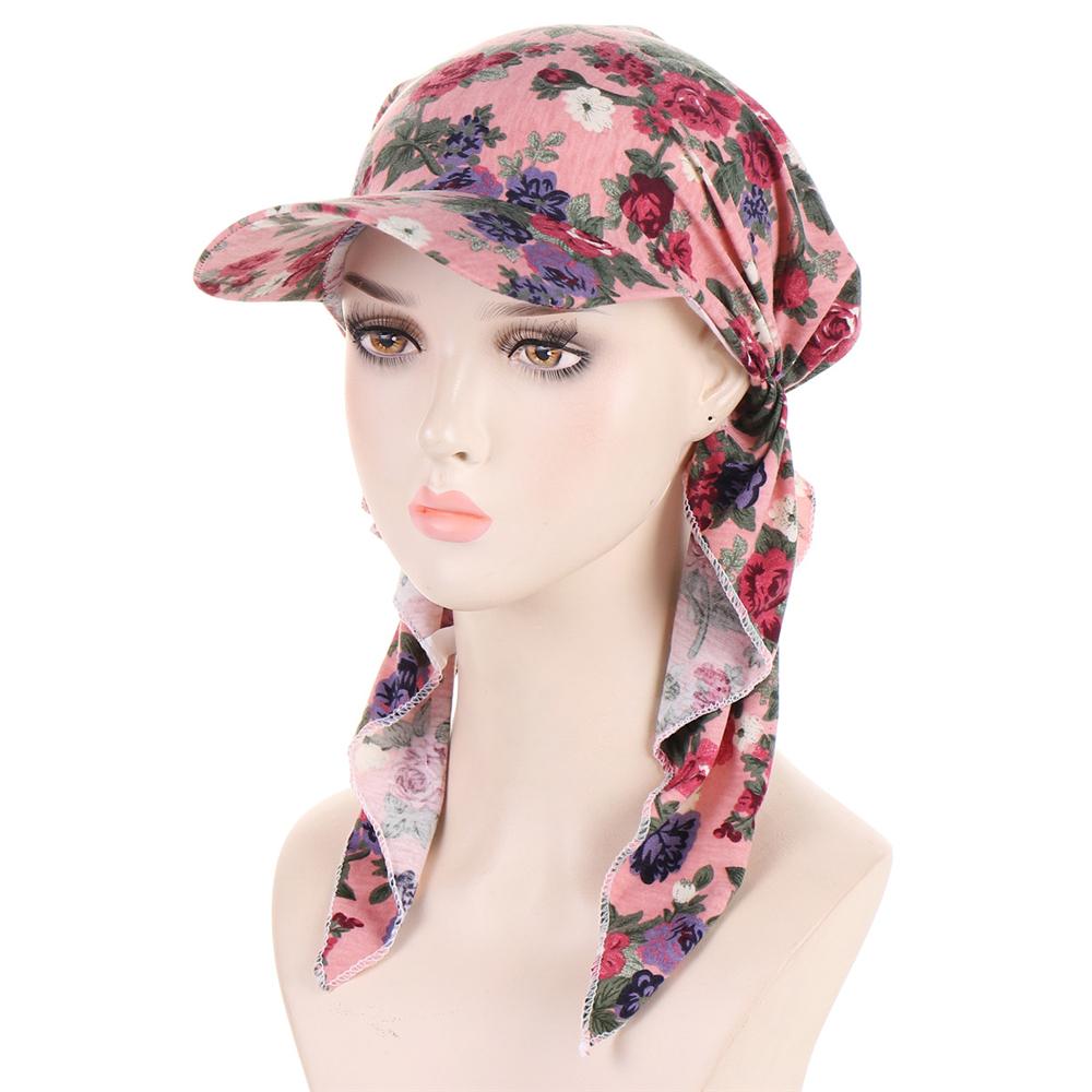 2025 Print Pre-Tied Hat Women Muslim Long Tail Headscarf Hijab Turban Visor Chemo Cap Bonnet Hair Loss Head Wrap Turbante Mujer