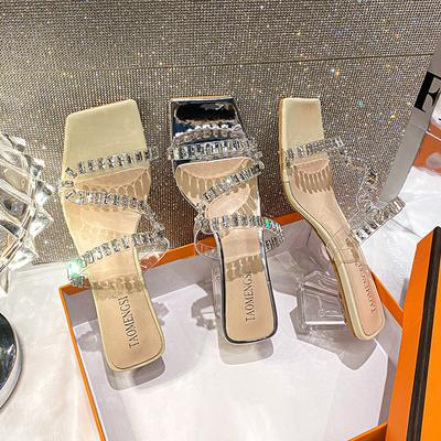 YD-толстый каблук стразы квадратные шлепанцы лето с открытым носком на высоком каблуке уличная обувь серебристые крутые шлепанцы кристально прозрачные