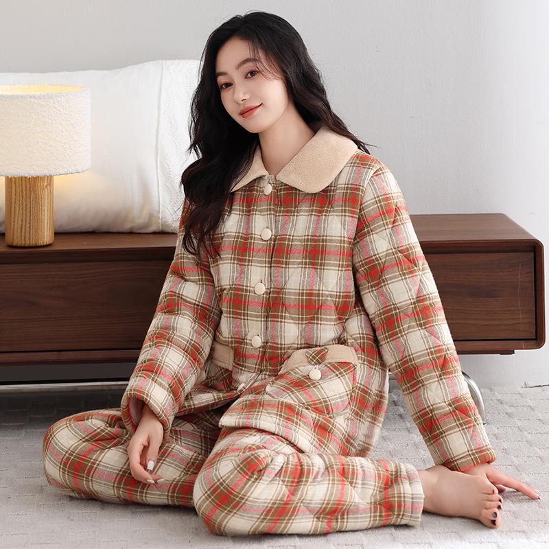 Winter pajamas women's new woven plaid clip padded jacket three-layer warm suit velvet thickened outer wear loungewear
