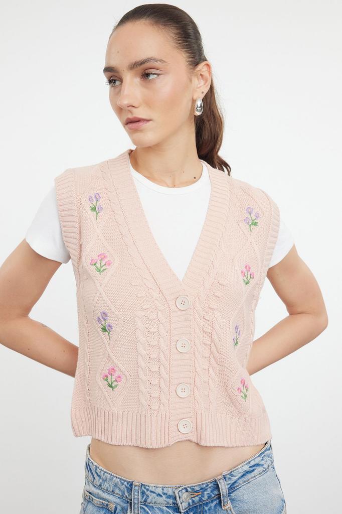 Women's Elegance Style Sweater Stone Flower Embroidery Detailed Knitwear Vest