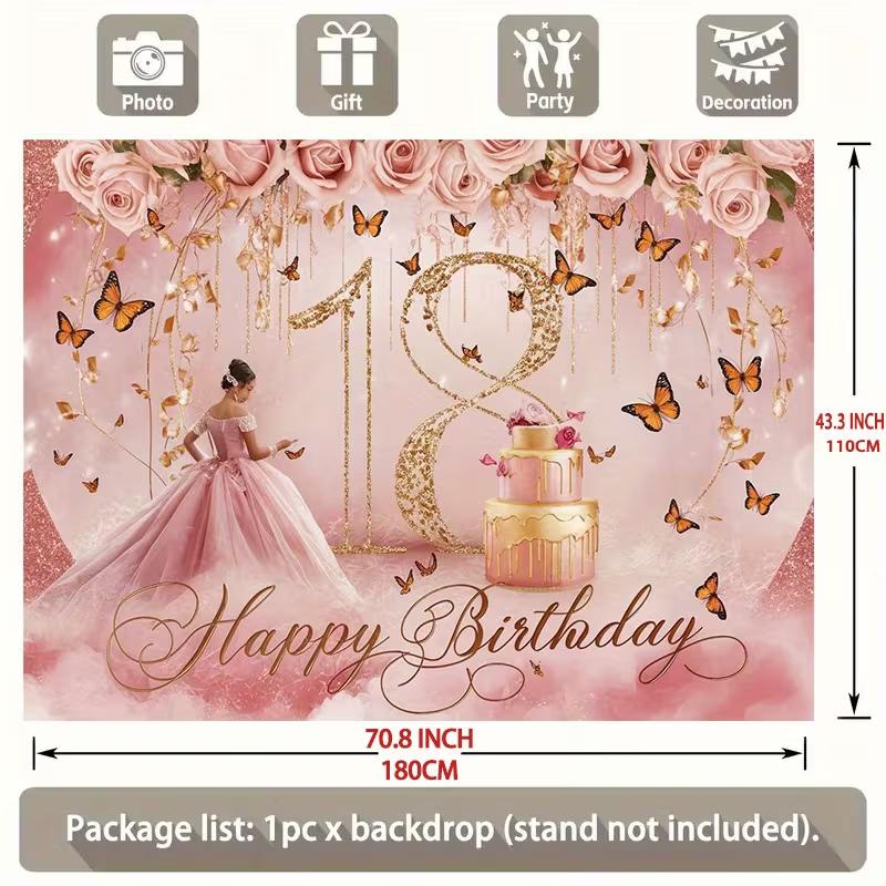 2D Pink Gold 18th Happy Birthday Backdrop Banner with Butterflies & Roses