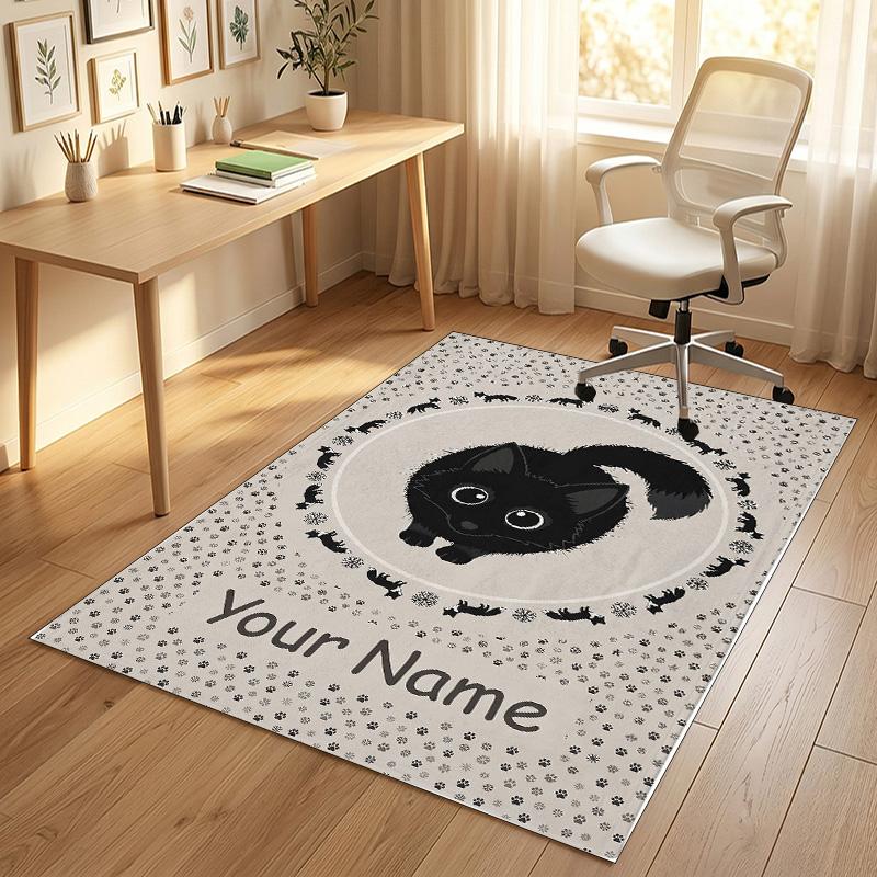 Black Cat Music Theme Soft Crystal Velvet Rug Custom Name & Text Print Non Slip Floor Rug for Bedroom Living Room