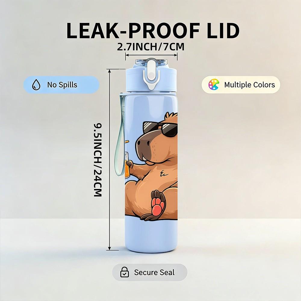 1PC Bear Drinking Beer Relax Cartoon Print 750ml Color Plastic Sports Water Bottle Leakproof Flip Straw Lid Suitable for Sports Office Home Use