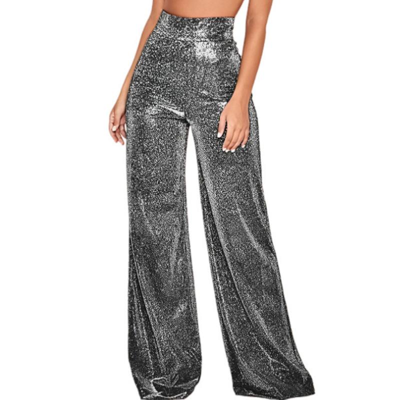 GMXIA Женские серебристые фольгированные широкие брюки с высокой талией, плотные брюки, женские повседневные брюки