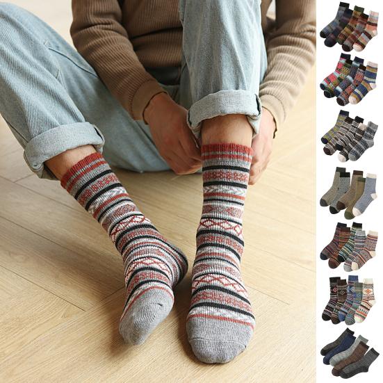 5 Pairs Men Winter Socks Mid-tube Thick Thermal Insulation Ethnic Style Home Bedroom Wear Floor Socks Colorblock Anti-slip Knitted Daily Wear Socks