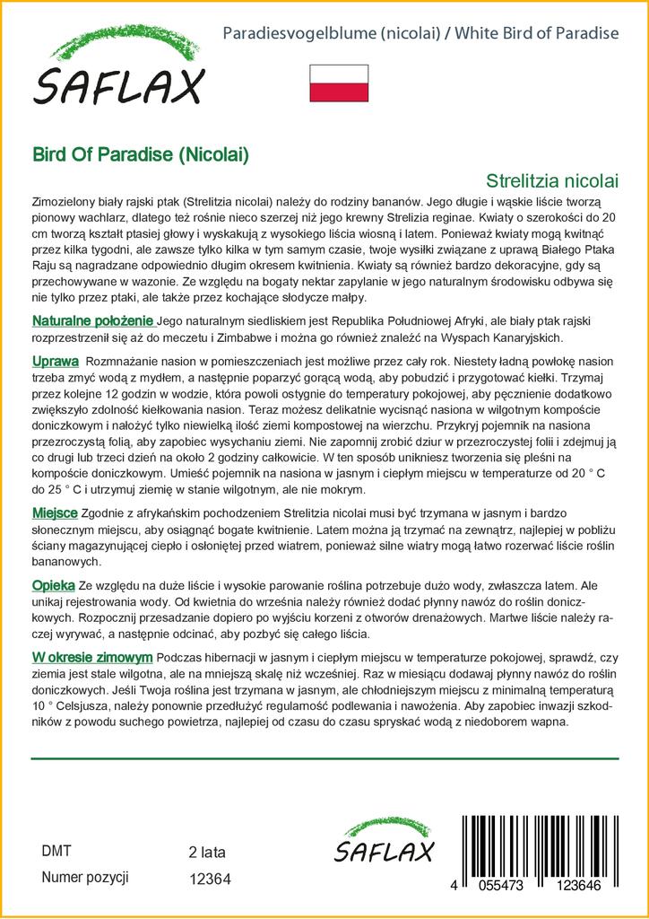 SAFLAX White Bird of Paradise - 5 семян - С горшечным субстратом для лучшего выращивания - Strelitzia nicolai