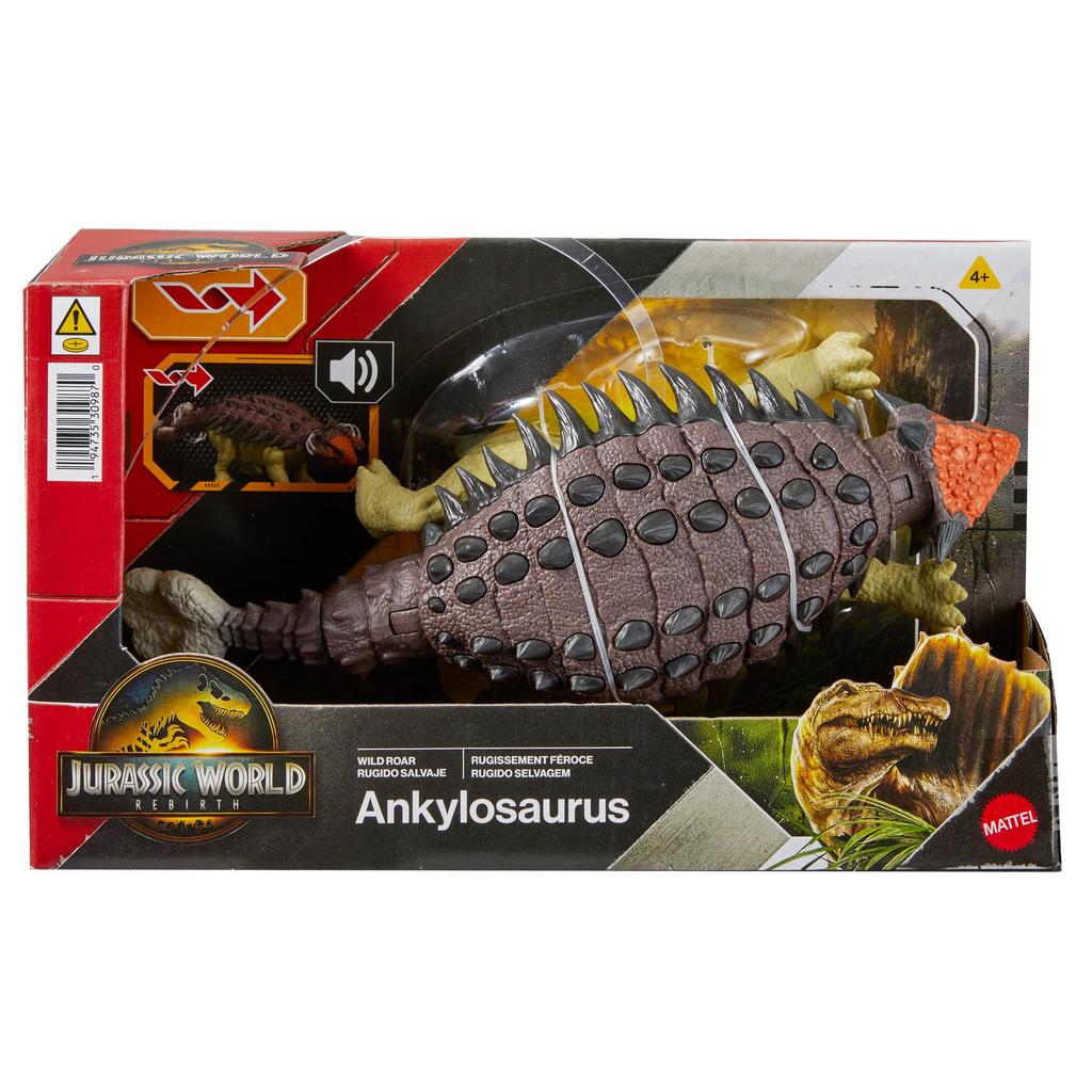 Mattel Мир юрского периода Рычащий Анкилозавр Действующий Динозавр Возраст 4+ и JGB90 Фигурка, Детская игрушка, Прибл.. 25,5 см Длина, Вверх, Коричневый,
