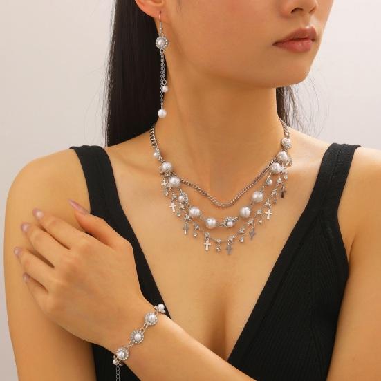 3Pcs/Set Women Jewelry Set Rhinestones Inlaid Imitation Pearls Charm Necklace Drop Earrings Bracelet Set Dating Commuting Jewelry