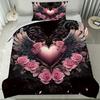3Pcs Angel Wings And Roses Bedding Set, 1 Duvet Cover + 2 Pillowcases, Featuring A Heart-Shaped Design With Angel Wings