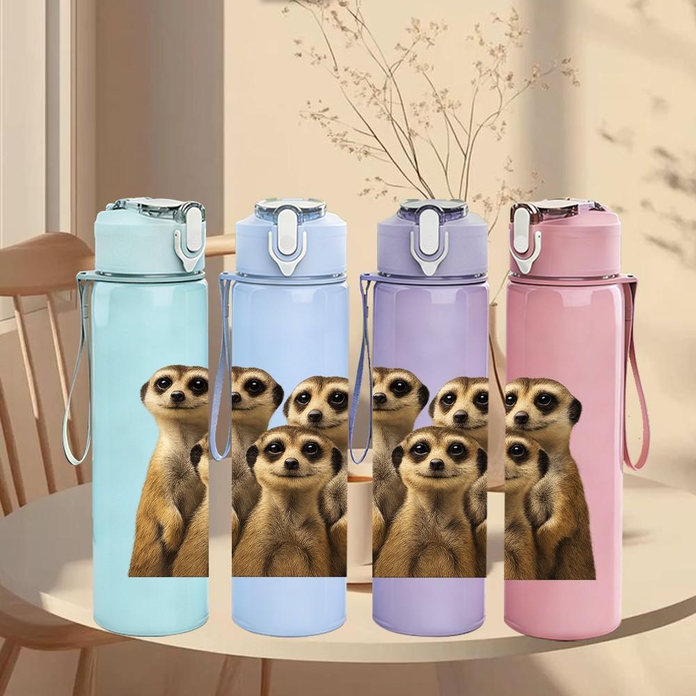 1PC Two Meerkat Standing Portrait 750ml Color Plastic Sports Water Bottle Leakproof Flip Straw Lid Suitable for Sports Office Home Use