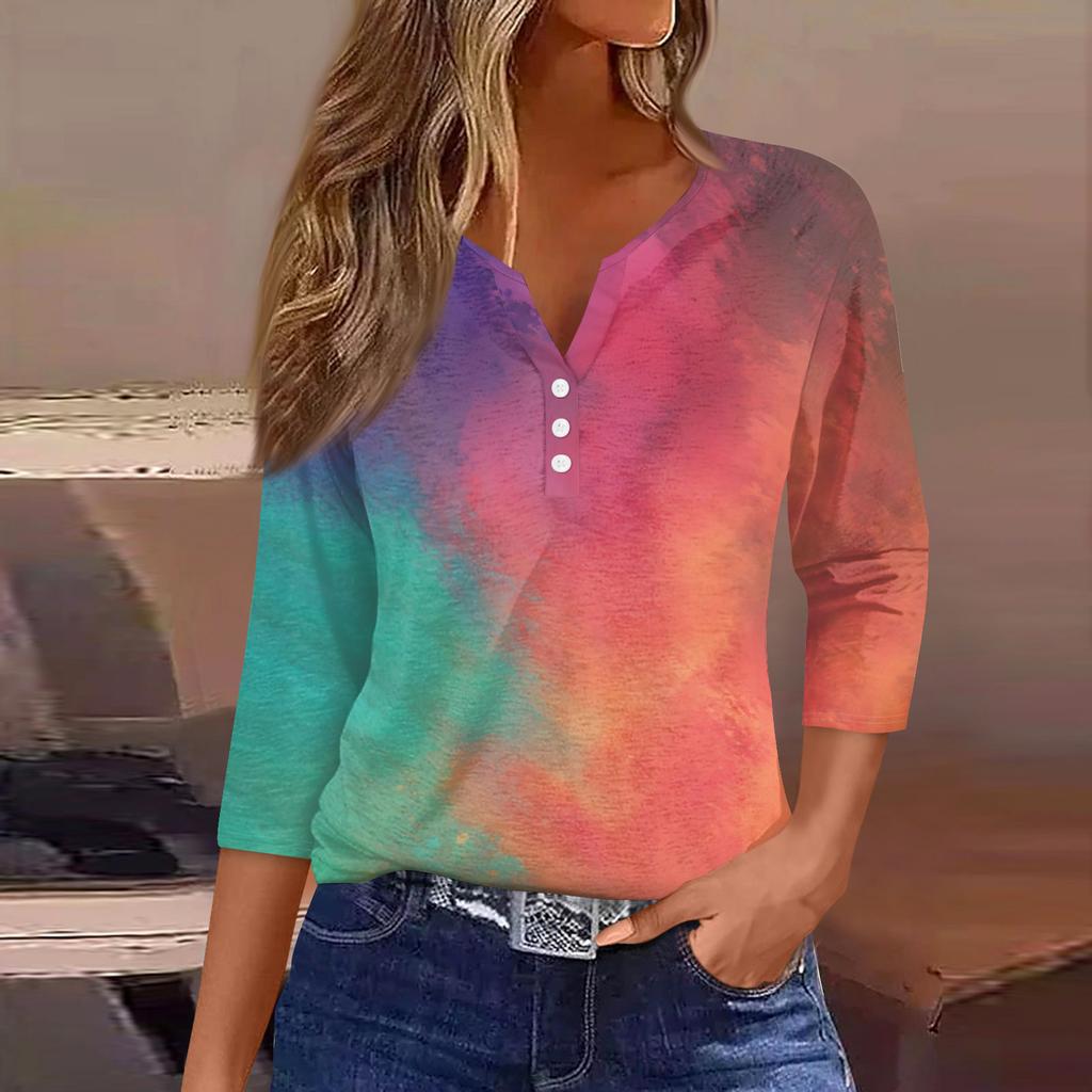 Жен. Футболка Футболка С принтом Пуговицы Рукав 3/4Ежедневно Выходные Мода Классический Топ с v-образным вырезом Обычный
