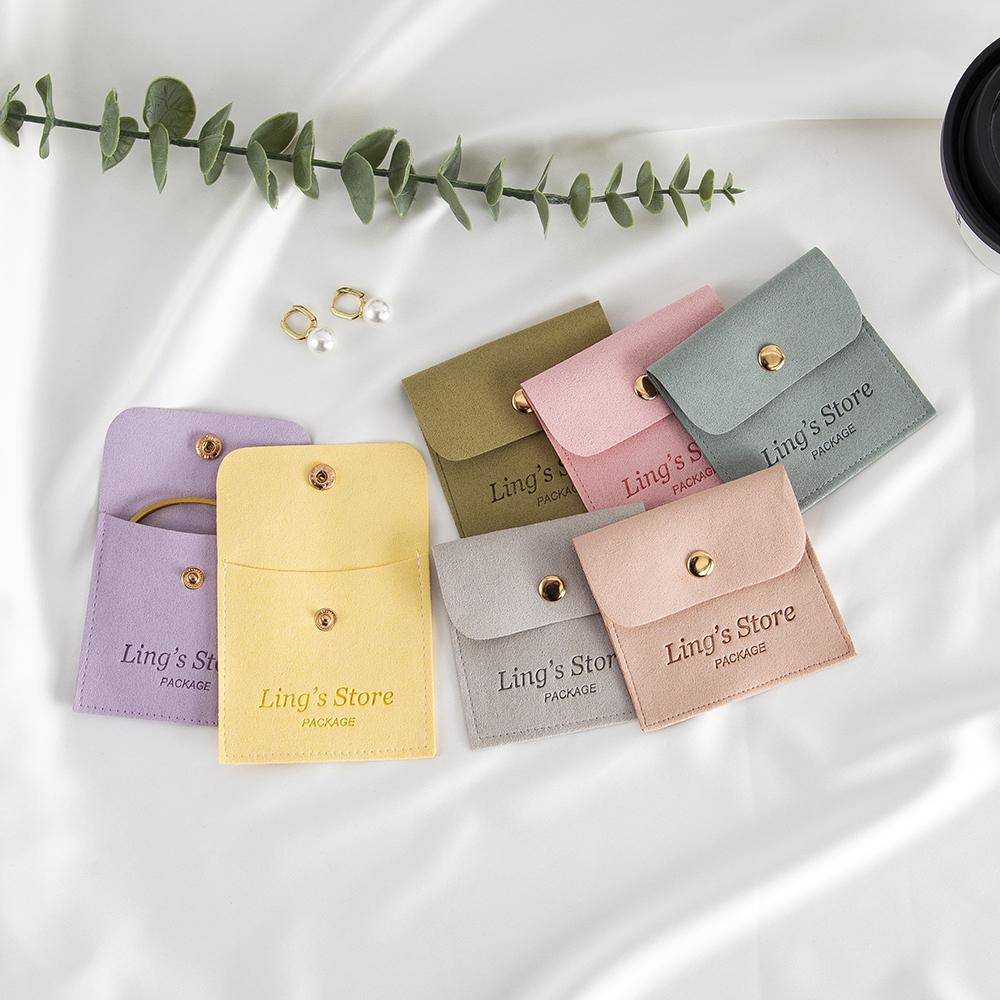 100Pcs Customized Logo 8x8cm Jewelry Microfiber Snap Bag Velvet Envelope Button Pouch Portable Travel Gift Organizer Ring Pocket