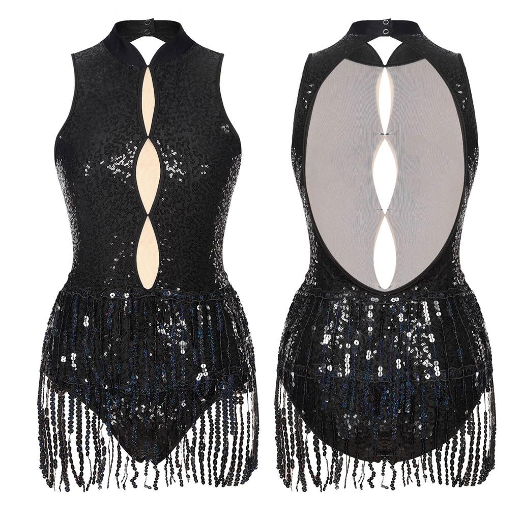 Women's Shiny Sequins Tassel Latin Jazz Dance Leotard Backless Fringed Bodysuit Lyrical Dance Costume
