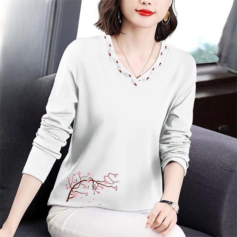 Long Sleeve Shirt Women Slim Fit Autumn Wear Plus Size Embroidered Floral Collar Top Mom Fall Spring Blouse
