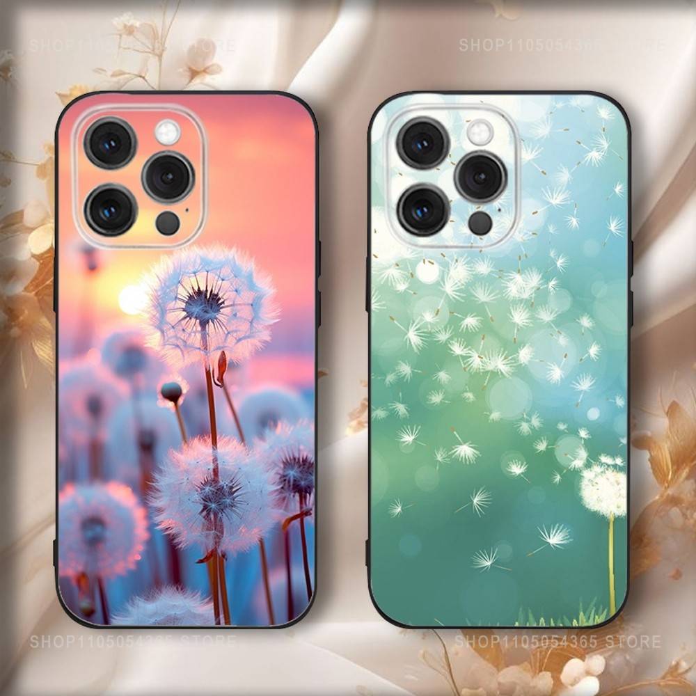 Арт чехол для телефона с цветами одуванчика для iPhone 17,16,15,14,13,12,11,Pro,Max,Plus,Air,X,XS,XR,SE,8,7,Mini, Мягкий черный Funda