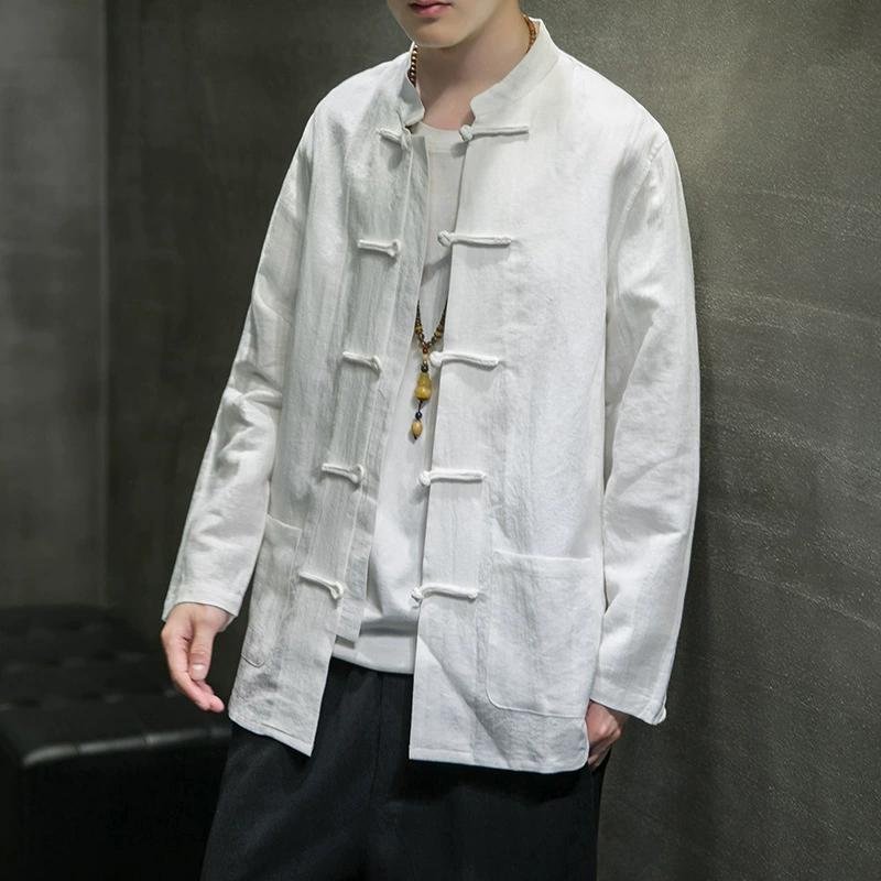 Китайская рубашка мужская хлопковая льняная рубашка Тан костюм верхняя часть весна осень длинный рукав кунг-фу рубашка традиционная мужская блузка