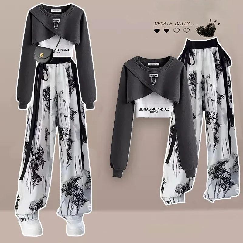 Весенне-осенний комплект, женский корейский свободный модный топ, повседневные брюки, комплект из трех предметов
