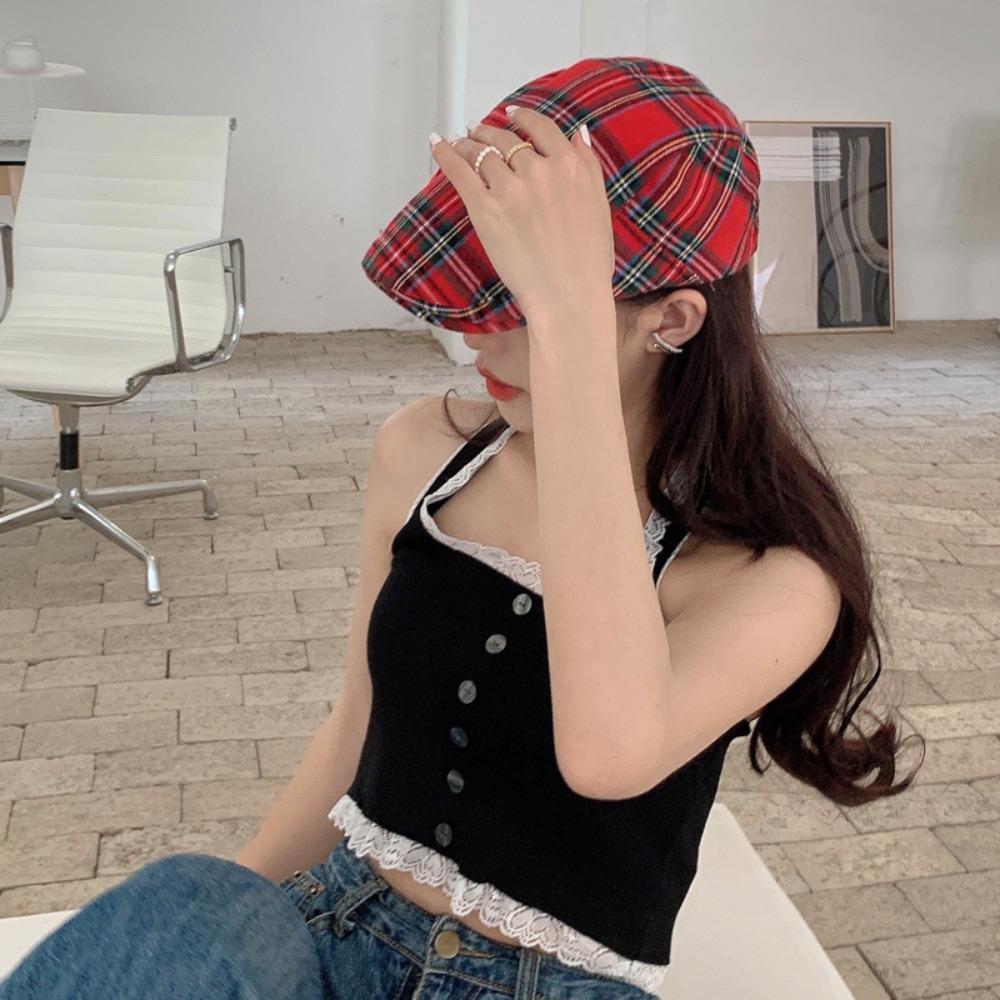 Cotton Plaid Beret Cap Short Brim Women Artist Hat Simple Cloth Painter Cap Girls