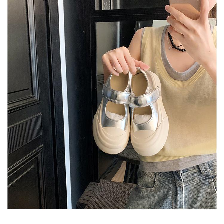 Cowhide Version~ Velcro Leather One-pedal Thick-soled Heightening Shoes Silver Mary Jane Single Shoes Muffin White Shoes