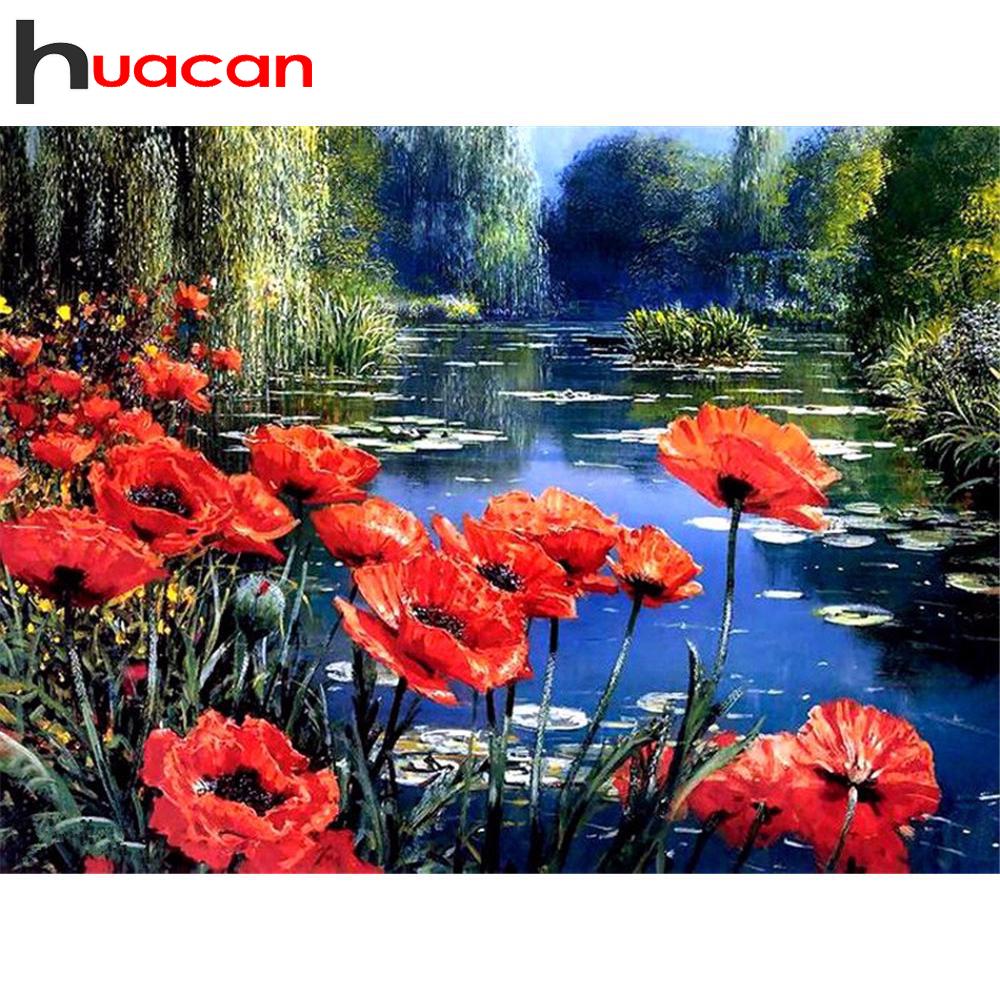 HUACAN Full Square Round Drill Diamond Painting Kit Gift Red Flowers DIY Cross Stitch Home Decor