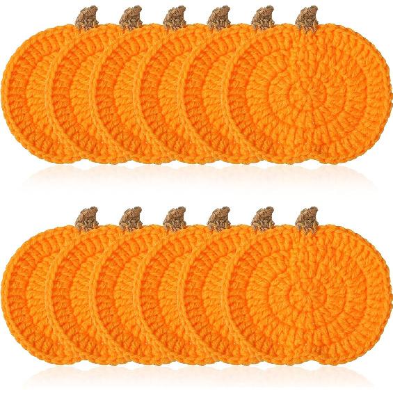 8 Pcs Crochet Pumpk Coaster Handmade Knitted Drink Coaster Set Autumn Drink Cup Pad Mats Absorbent Bottle Mug Place Mats for Table Protection Fall