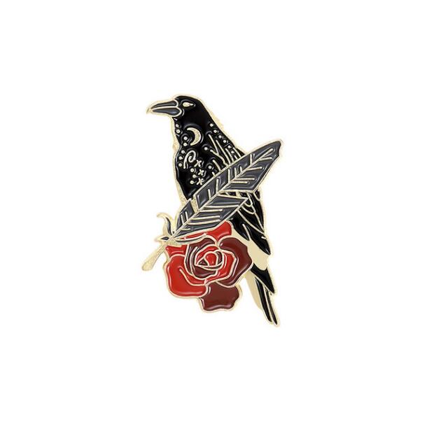 Punk Gothic Crow Raven Enamel Pins Bird Feather Moon Flowers Brooches Bag Lapel Badge  Fashion Jewelry Gift for Friends Kids