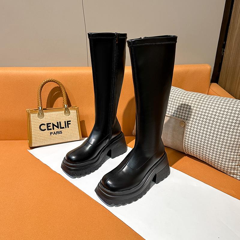 2 вида сапог~ женские новые осенние сапоги на толстой подошве и высоком каблуке, сапоги с широким голенищем для полных женщин