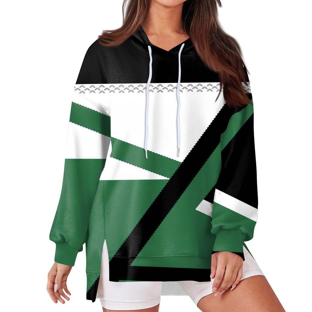 Women's Fashionable Casual Hoodie Long Sleeved Drawstring Pullover Geometric Splicing Printed  Loose Slit Sweatshirt