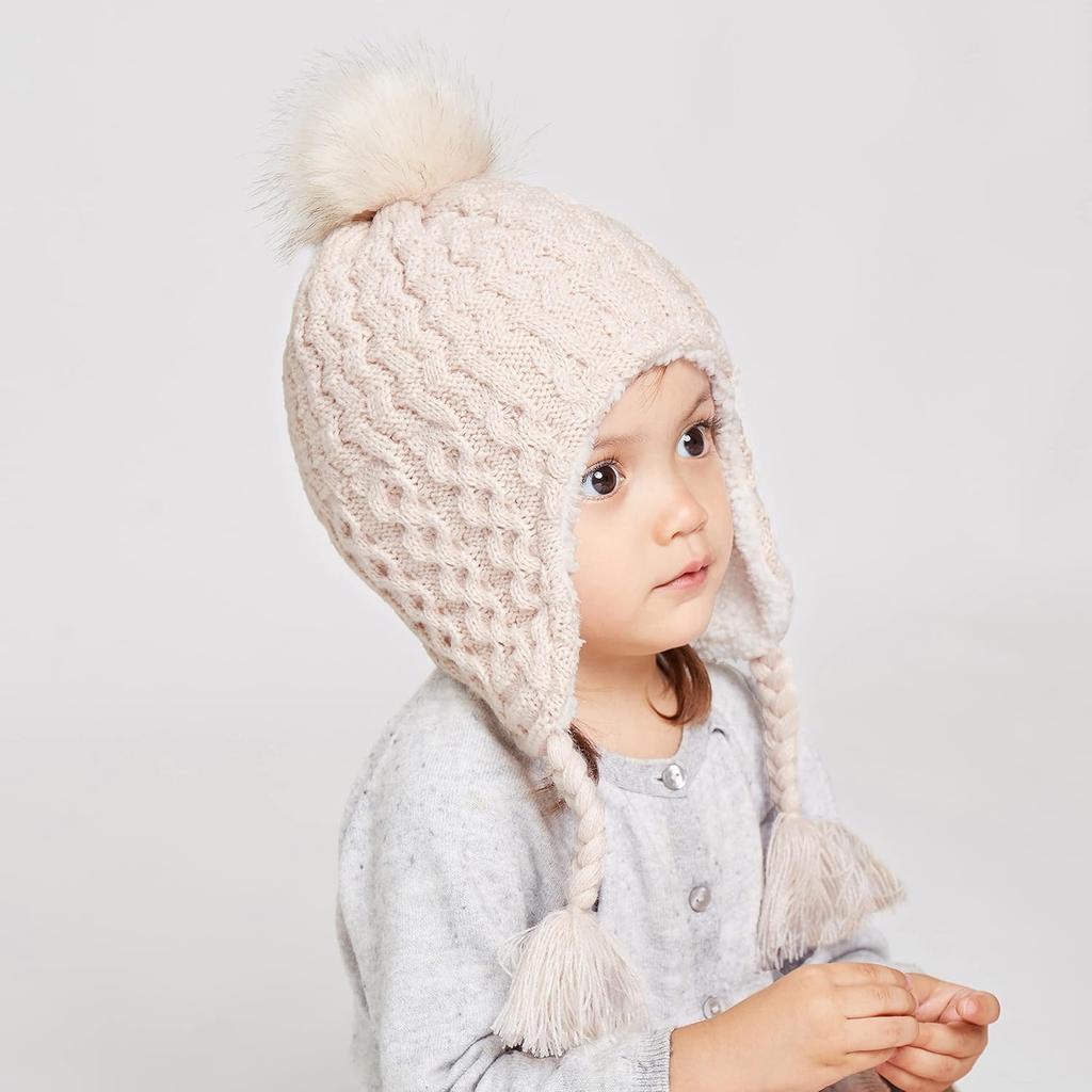 LANGZHEN Cute Style Jacquard Technique Toddler Kids Infant Winter Hat Earflap Knit Warm Cap Fleece Lined Beanie Button Baby