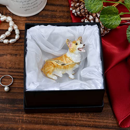 2.6-inch Corgi Figurine Dog Trinket Box, Hinged Jewelry Box, Golden Crystal Enamel, Animal Home Decor, Spicy Day Gift for Dog Lovers
