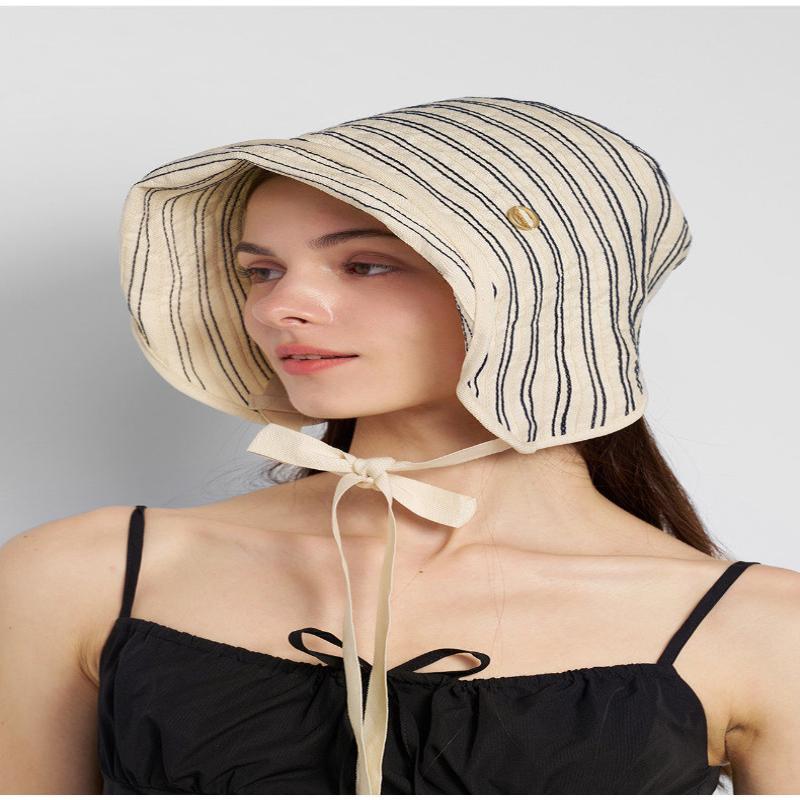 Breathable Striped Linen Sun Bonnet With Adjustable Chin Tie Uv Protection For Beach Vacation Outdoor Use