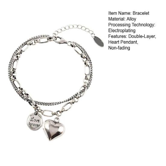 Heart Charm Bracelet Double-Layer Love Heart Alloy Bracelet Adjustable Bracelet with Heart Round Pendant Jewelry for Work Dating Anniversary Gift