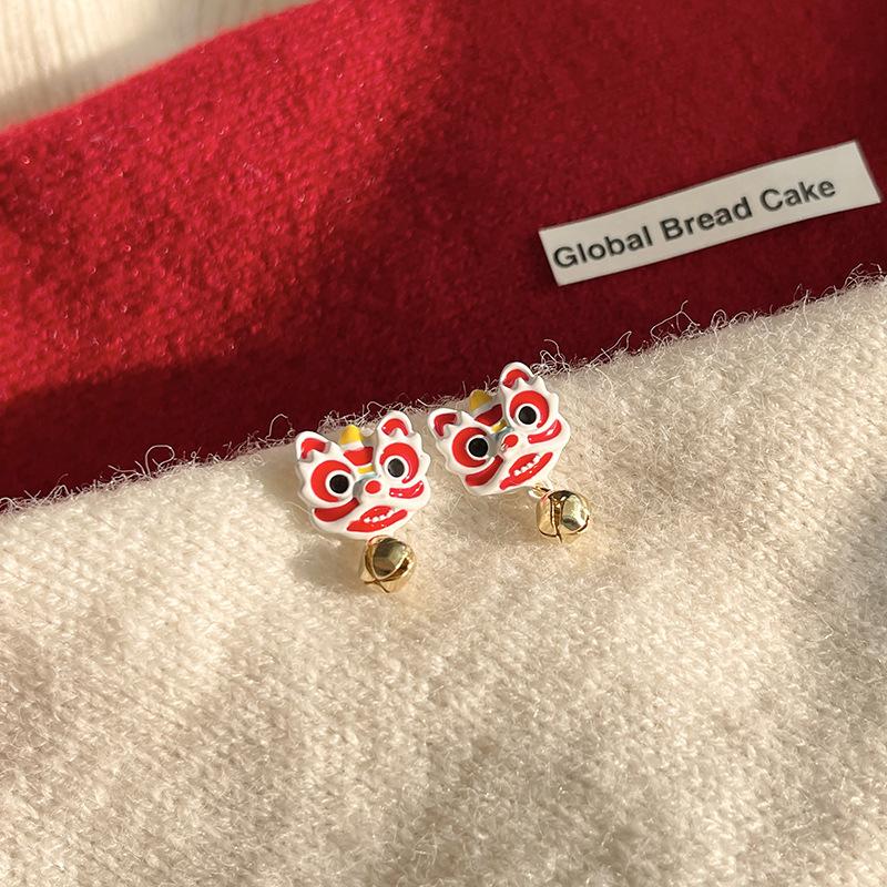 Китайский стиль Новогодний праздничный лев, пробуждающийся красный милый маленький лев серьги