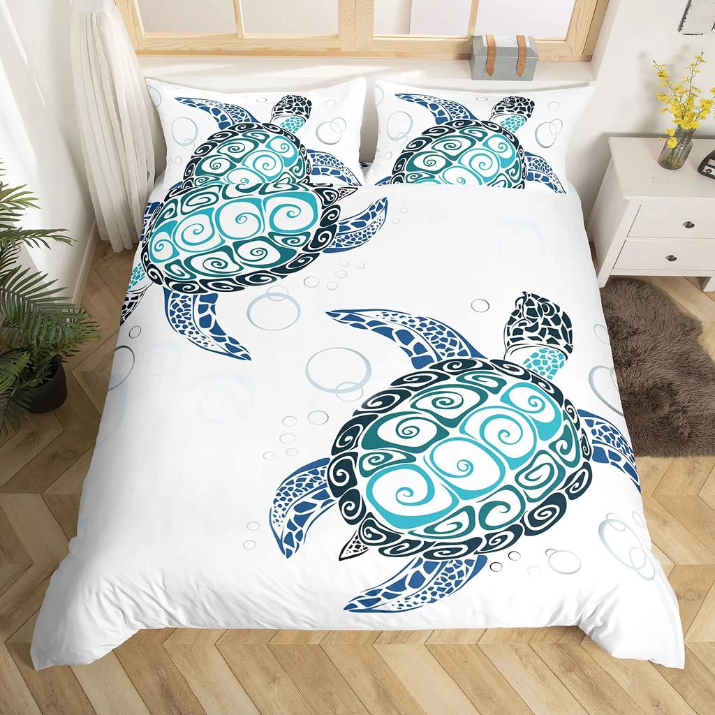 Sea Turtle Duvet Cover Set Full Size,octopus Seahorse Whale Bedding Set Teal Ocean Themed Mediterranean Style Beach Quilt Cover
