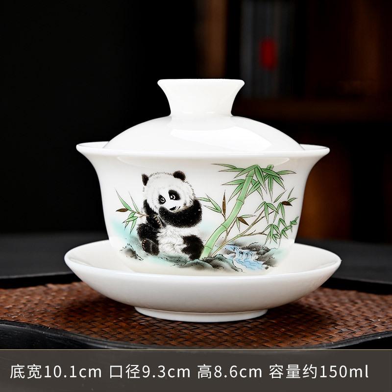 New suet jade household hand-painted gold-painted white porcelain three-talent cover bowl ceramic tea set household tea bowl print
