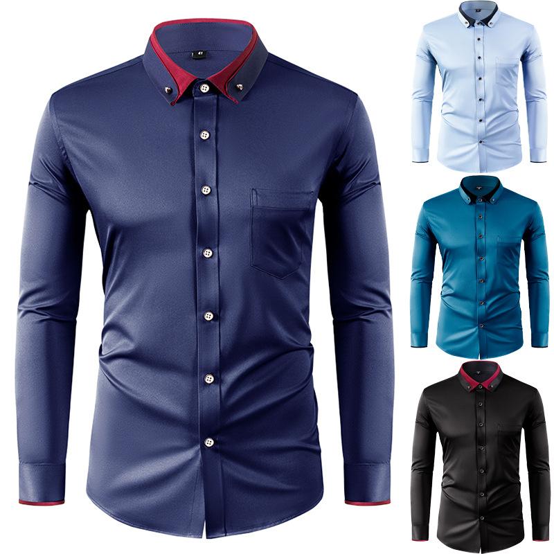 Four Sided Elastic Shirt for Men Color Blocked Diamond Button Lapel Shirt Casual No Iron Formal Wear Shirt