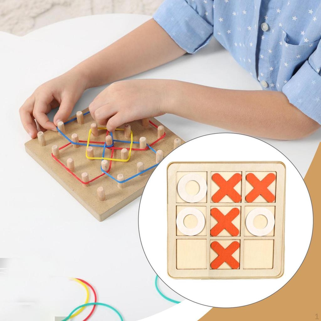 2 In 1 Wooden Geoboard and TAC Toe Game Board Educational Toy Fun Family Games for Table