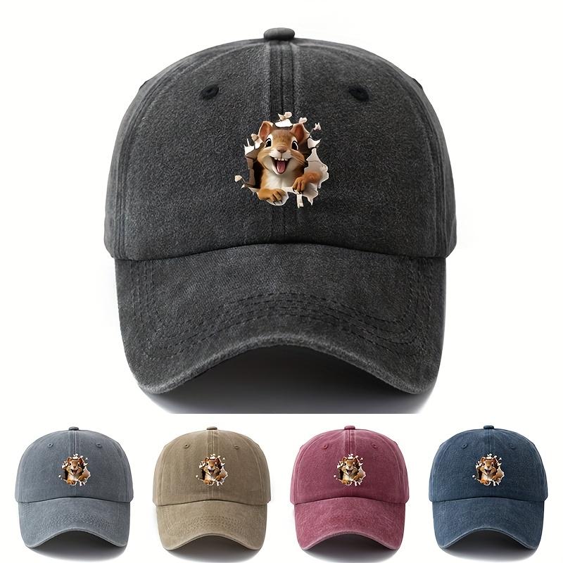 Cartoon Squirrel Print Retro Washed Lightweight Curved Brim Hat Suitable for Outdoor Vacation, Travel, Camping Truck Driver Hat
