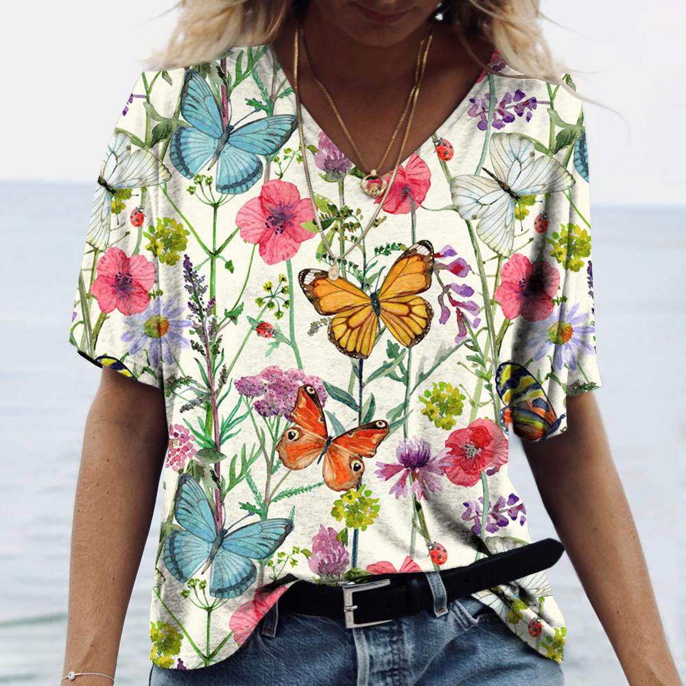 Футболки с 3D принтом бабочки и цветочным принтом, женские топы Y2k, футболки с v-образным вырезом, женская футболка в стиле Харадзюку, женская повседневная одежда больших размеров