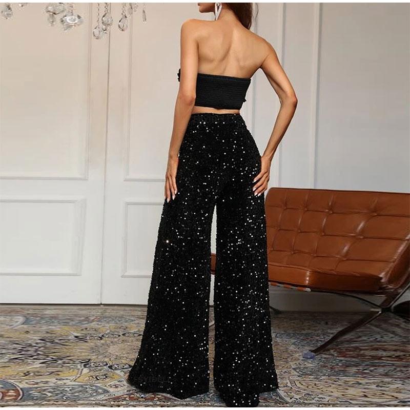 Sexy Women Nightclub Elastic High Waist Casual Loose Wide Leg Glitter Sequin Bell Bottom Pants 2025 New Female Party Trousers