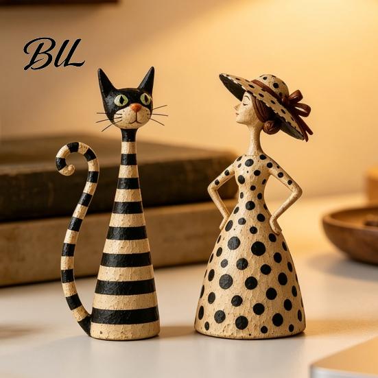 Thoughtful Housewarming Gifts 2Pcs Vintage Lady And Cat Sculptures Set, Resin Striped Figurine, Retro Elegant Artistic Figurine Statue with Polka Dot