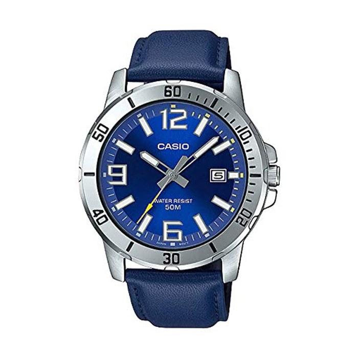 Мужские часы CASIO Standard MTP-VD01L-2B, Детские/Мальчиковые, Аналоговые, Дата, Темно-синий/Серебристый, Кожаный ремешок