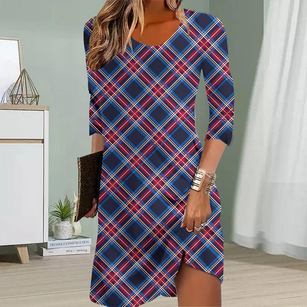 Женское повседневное платье осеннее черно-белое квадратное принтованное платье для женщин с круглым вырезом и коротким рукавом платье больших размеров