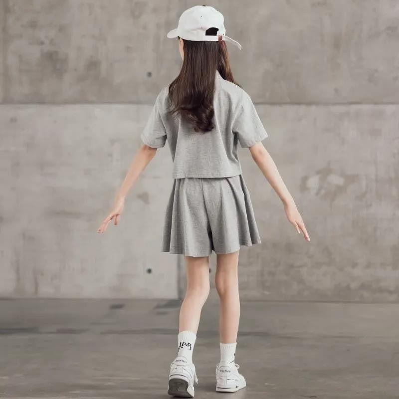 Летний комплект детской одежды для девочек, детские футболки с лацканами и шорты, костюм из 2 предметов, короткий рукав, верх, низ, спортивные костюмы с надписями