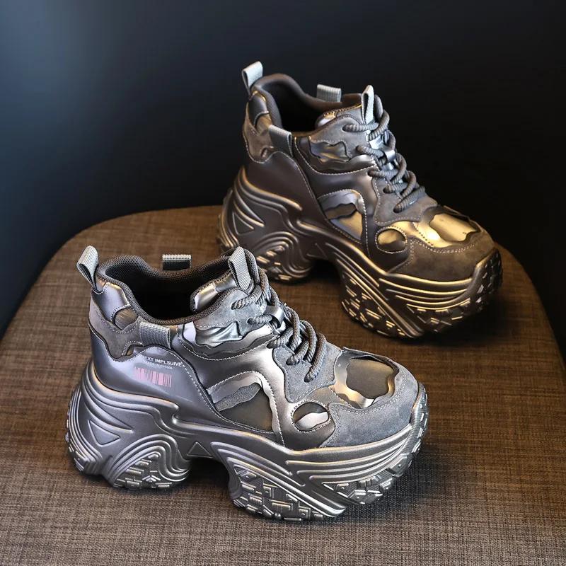 Модные 10 см кожаные мокасины из микрофибры, новые осенние туфли на платформе и танкетке, модные массивные кроссовки, весенние женские мокасины из вулканизированной кожи